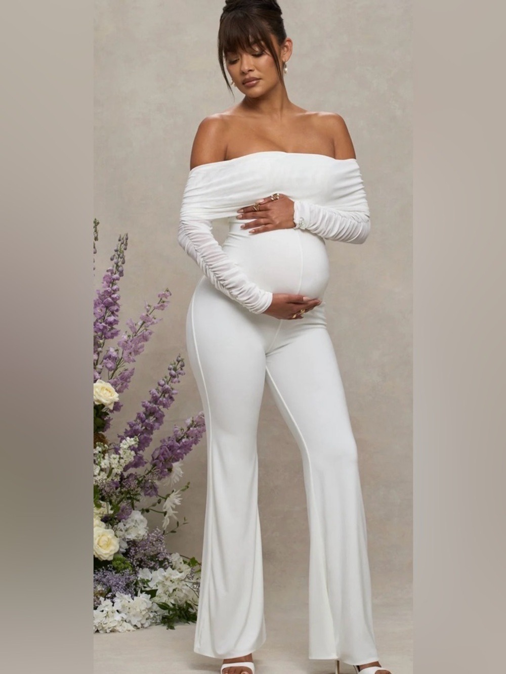 Club L Countdown White Maternity Ruched Mesh Bardot Jumpsuit